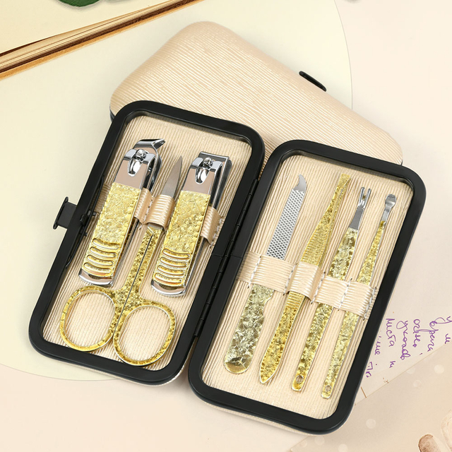Juego de tijeras para uñas de acero inoxidable, kit de manicura y pedicura con estuche de PU