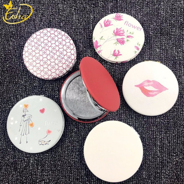 Espejo de maquillaje plegable de cuero PU de forma redonda